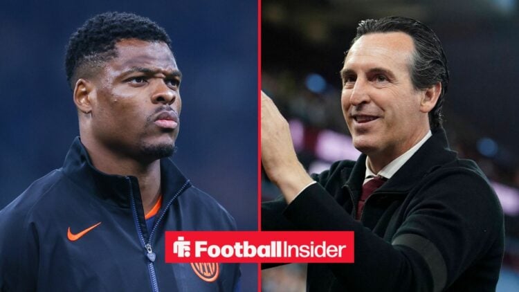 Inter Milan defender Denzel Dumfries stands before a game, as Aston Villa manager Unai Emery grins on the other side of a split image.