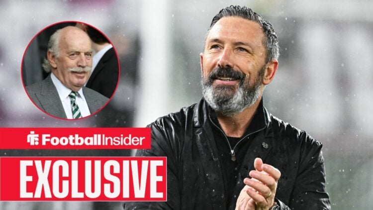 Football Insider exclusive as Hearts manager Derek McInnes smiles and applauds, while Celtic owner Dermot Desmond watches from a circular inset.