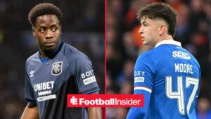 Rangers wingers Djeidi Gassama and Mikey Moore stare at each other from either side of a split image.