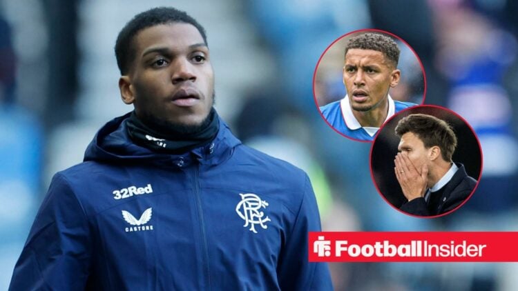 Rangers defender Dujon Sterling warms up for a game, as James Tavernier and Danny Rohl look concerned in a pair of circular insets.