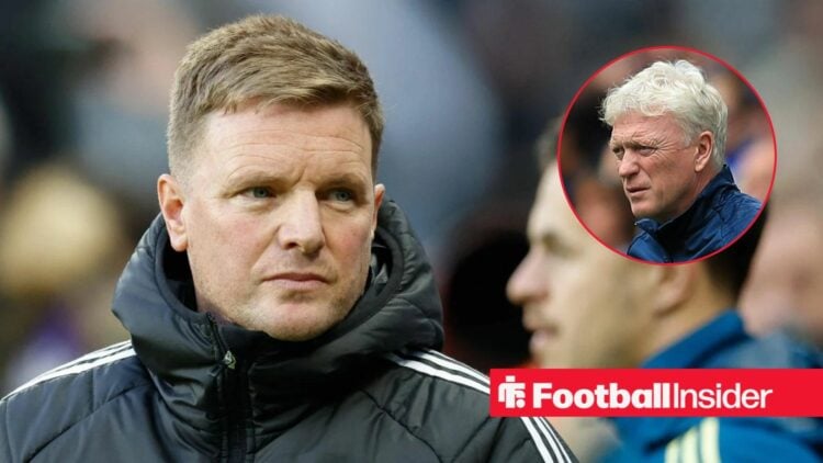 Eddie Howe on the sidelines at Newcastle, with David Moyes in a circular inset