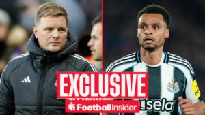 Football Insider exclusive as Newcastle manager Eddie Howe stares across at Jacob Murphy, who is in action on the other side of a split image.