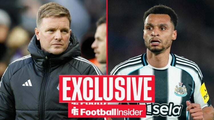 Football Insider exclusive as Newcastle manager Eddie Howe stares across at Jacob Murphy, who is in action on the other side of a split image.