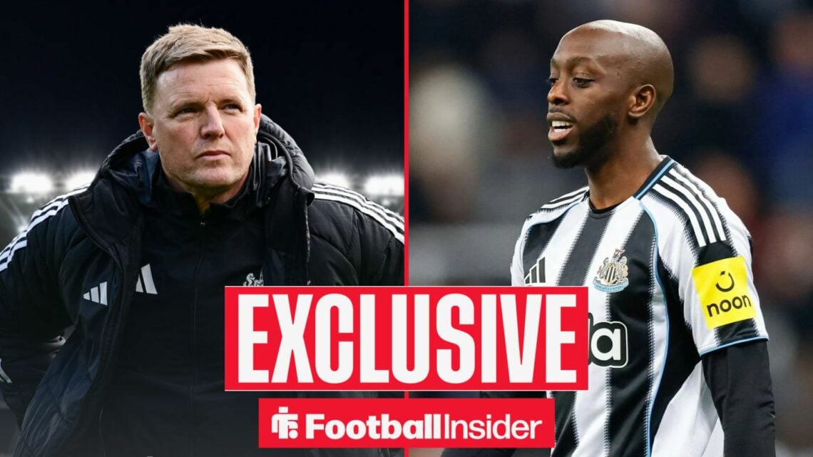 Football Insider exclusive as Newcastle manager Eddie Howe stands with his hands on his hips, as striker Yoane Wissa stares at the floor on the oth...