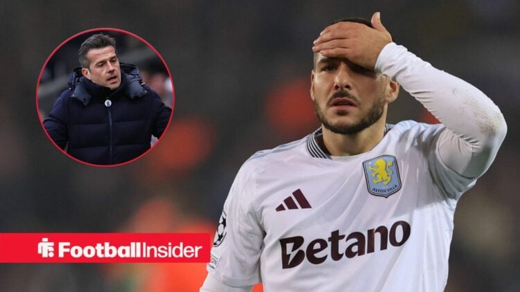 Aston Villa attacker Emiliano Buendia / Marco Silva, Manager of Fulham reacts during the Fulham vs Tottenham Hotspur Premier League match at Craven...