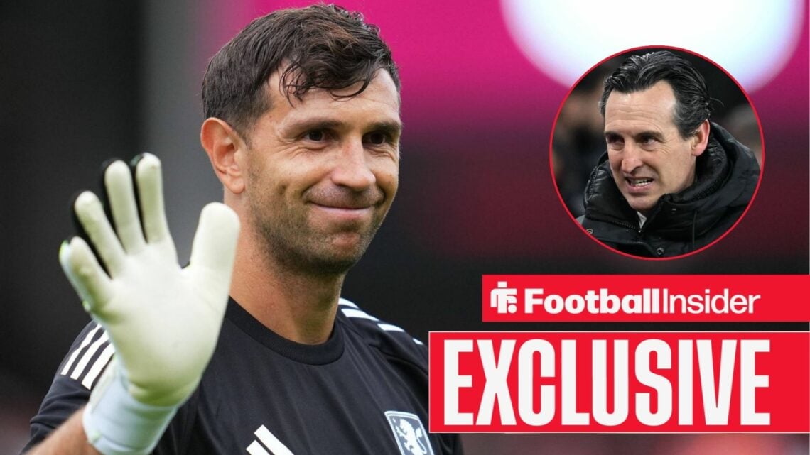 Football Insider exclusive as Aston Villa goalkeeper Emi Martinez waves towards manager Unai Emery, who looks concerned in a circular inset.