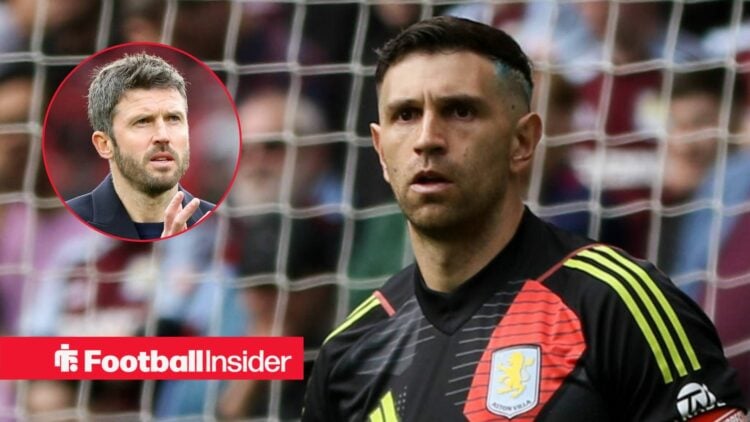 Emiliano Martinez in action for Aston Villa, with Unai Emery in a circular inset