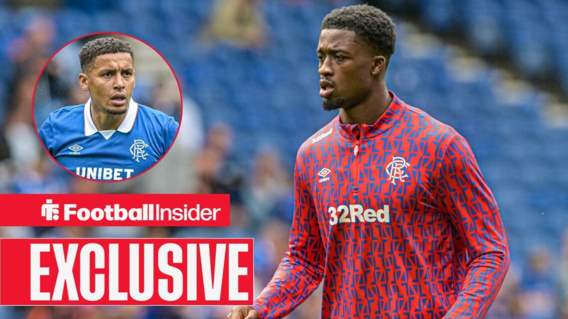 Football Insider exclusive as Rangers defender Emmanuel Fernandez warms up for a game, while James Tavernier watches from a circular inset.