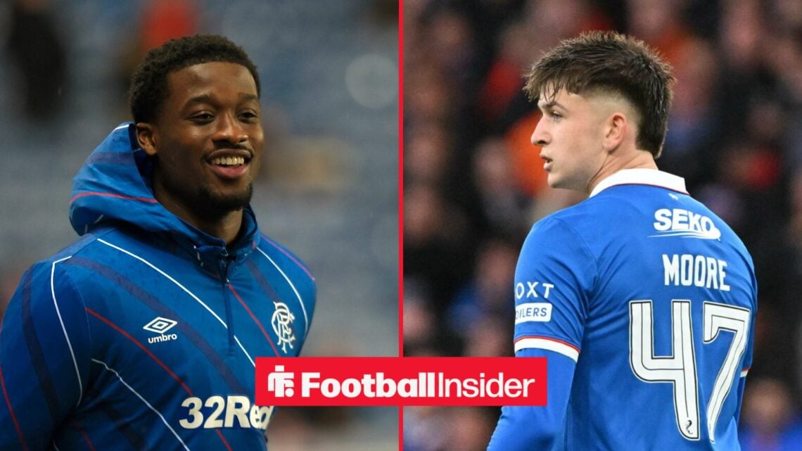 Rangers defender Emmanuel Fernandez grins while warming up for a game, as Mikey Moore looks back from the other side of a split image.