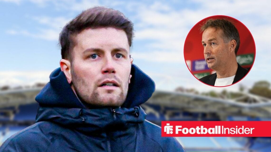 Fabian Hurzeler on the sidelines at Brighton, with Kasper Hjulmand in a circular inset