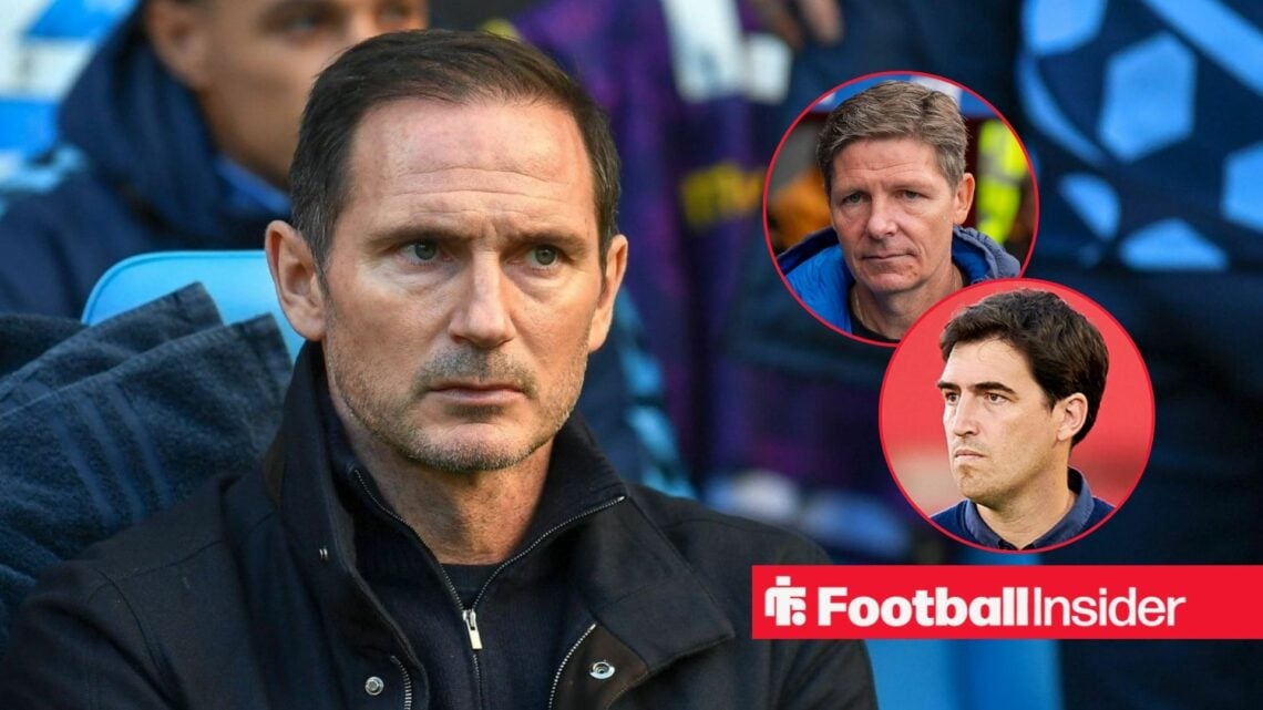 Frank Lampard in the dugout at Coventry, with Oliver Glasner and Andoni Iraola in circular insets