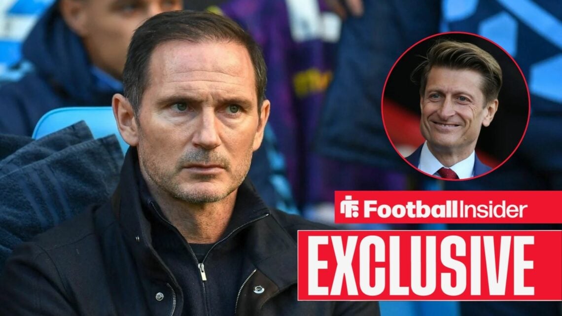 Football Insider exclusive as Coventry manager Frank Lampard stares towards Crystal Palace chairman Steve Parish, who smiles in a circular inset.