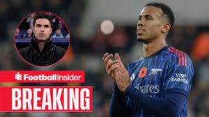 8th November 2025 Stadium of Light, Sunderland, England Premier League Football, Sunderland versus Arsenal Gabriel of Arsenal at full time / Arsenal s manager Mikel Arteta during an open training session at Philadelphia Union s Subaru Park ahead of a pre-season friendly match against Liverpool FC