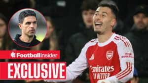 Football Insider exclusive as Gabriel Martinelli shouts during a game for Arsenal, while manager Mikel Arteta watches from a circular inset.