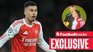 Gabriel Martinelli of Arsenal in action during the UEFA Champions League 2025/26 Round of 16 Second Leg match between Arsenal FC and Bayer 04 Leverkusen at Arsenal Stadium on March 17, 2026 / Samuel Barrott cautions Gabriel Martinelli in Southampton vs Arsenal on 4 April, 2026