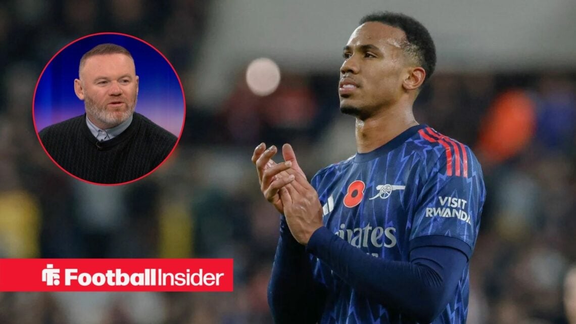 Arsenal defender Gabriel applauds after a game as Wayne Rooney watches from a circular inset.