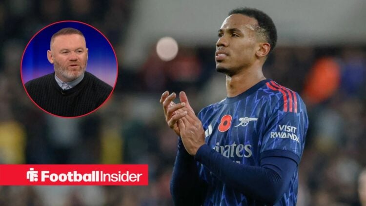 Arsenal defender Gabriel applauds after a game as Wayne Rooney watches from a circular inset.