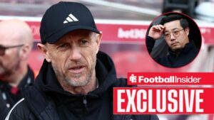 Football Insider exclusive as Leicester manager Gary Rowett stares towards owner Aiyawatt Srivaddhanaprabha, who watches from a circular inset.