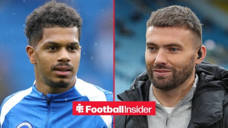 Brighton winger Georginio Rutter stares across a split image towards ex-Leeds star Stuart Dallas, who smiles while working as a pundit.