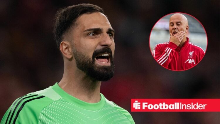 Liverpool goalkeeper Giorgi Mamardashvili shouts during a game, as manager Arne Slot has his hands on his head in a circular inset.
