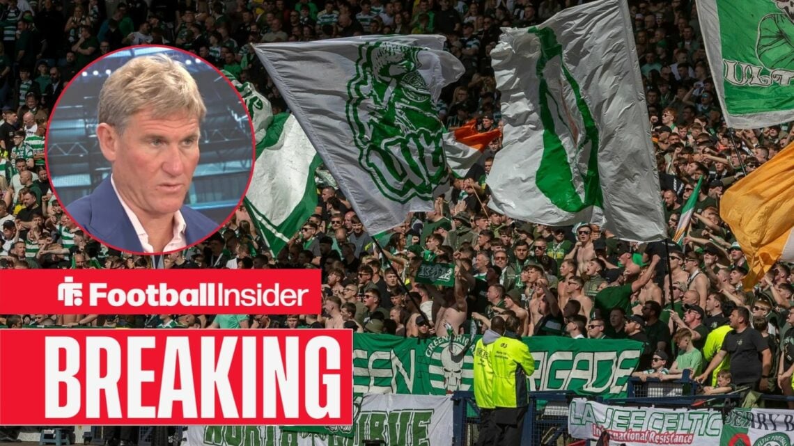 Celtic's Green Brigade ultras group wave flags in the stands as Simon Jordan features in a circular inset.