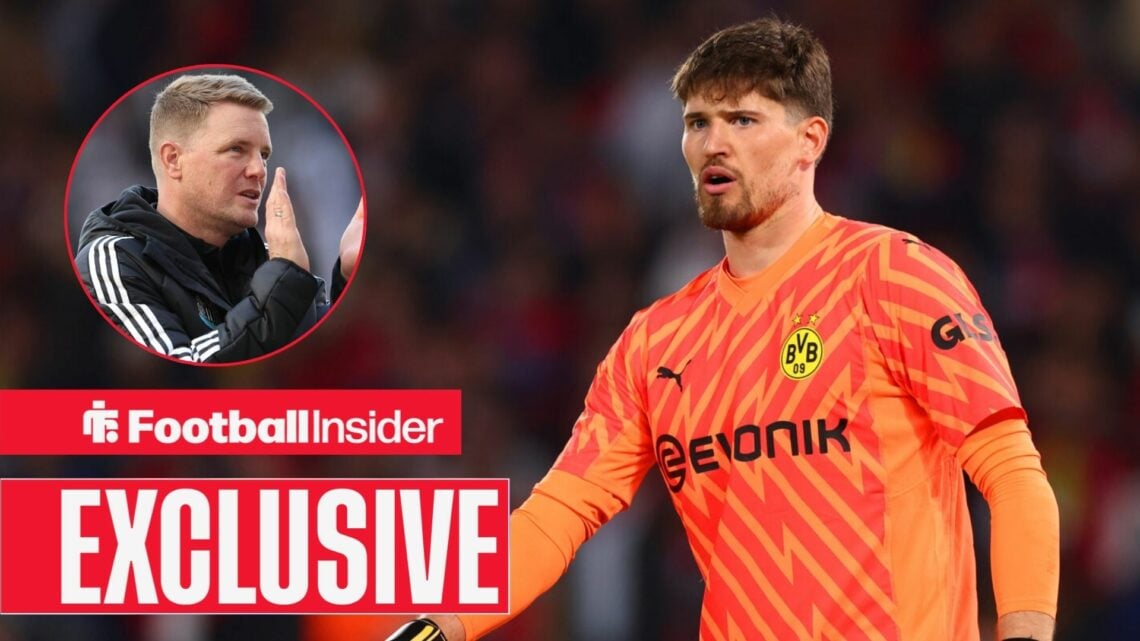 Football Insider exclusive as Gregor Kobel is in action for Borussia Dortmund, while Newcastle manager Eddie Howe applauds in a circular inset.