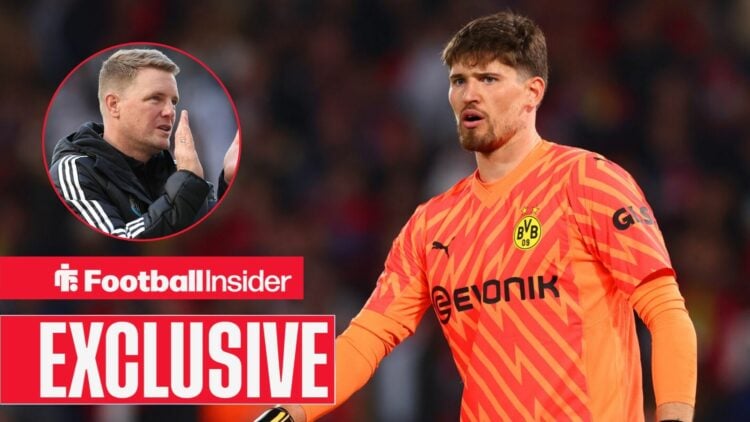 Football Insider exclusive as Gregor Kobel is in action for Borussia Dortmund, while Newcastle manager Eddie Howe applauds in a circular inset.