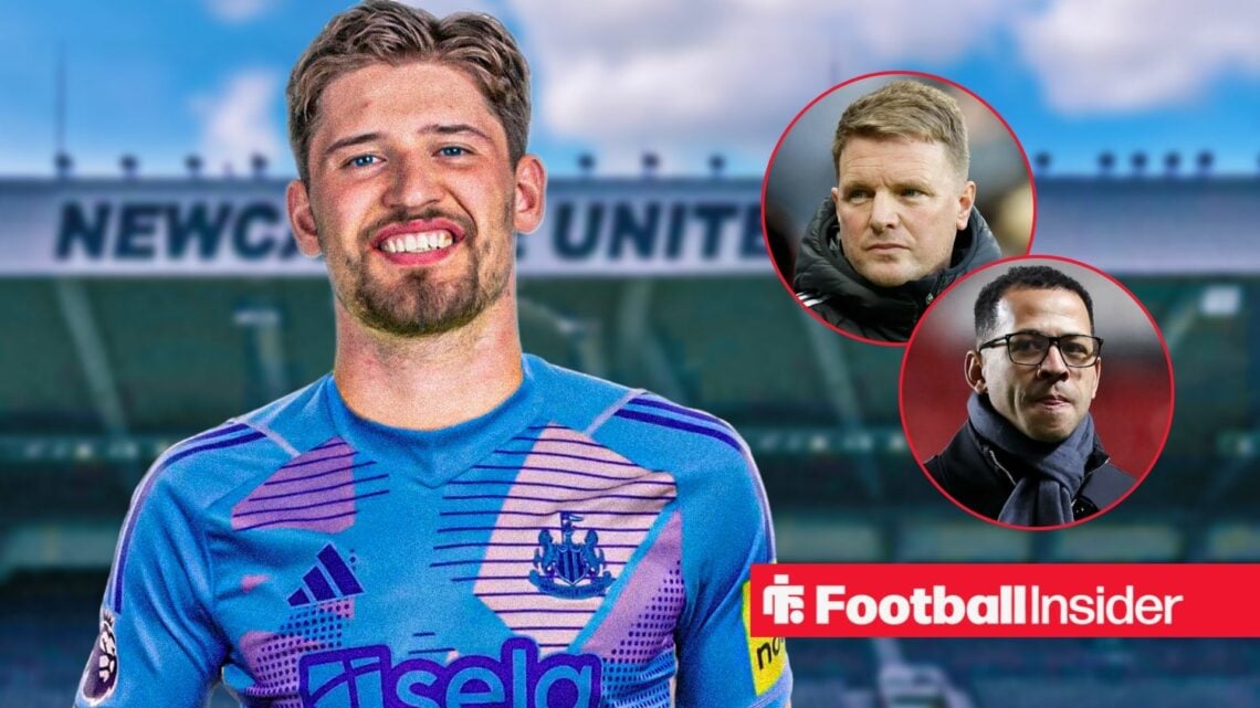 Gregor Kobel smiles while wearing a Newcastle shirt, as Eddie Howe and Liam Rosenior feature in circular insets.