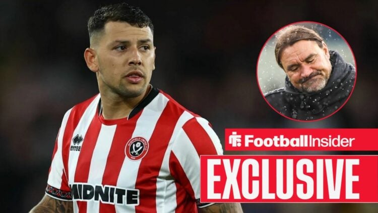 Football Insider exlcusive as Sheffield United midfielder Gustavo Hamer stares towards a circular inset, where Leeds manager Daniel Farke shakes hi...