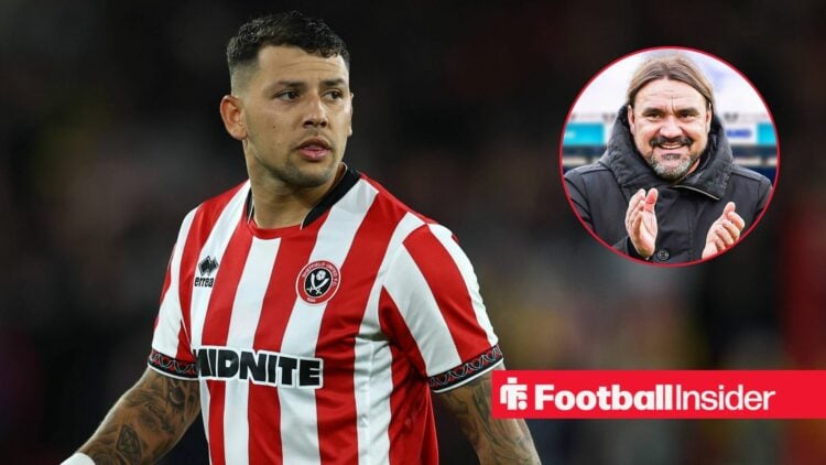 Sheffield United midfielder Gustavo Hamer glances over his shoulder during a game, as Leeds manager Daniel Farke smiles and applauds in a circular ...
