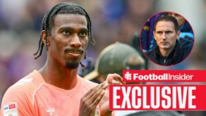 Football Insider exclusive as Coventry City striker Haji Wright applauds after a game, while manager Frank Lampard looks stern in a circular inset.