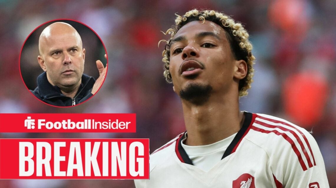 Hugo Ekitike in action for Liverpool, with Arne Slot in a circular inset