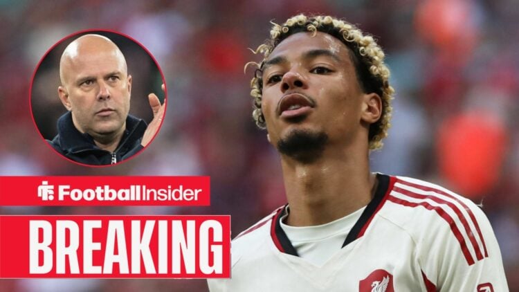 Hugo Ekitike in action for Liverpool, with Arne Slot in a circular inset