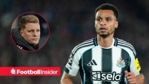 Newcastle United winger Jacob Murphy glances concernedly across towards manager Eddie Howe, who features in a circular inset.