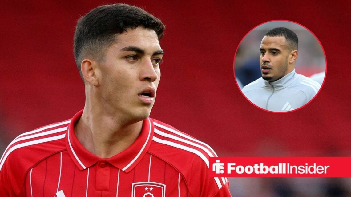 Nottingham Forest centre-back Jair Cunha stares towards teammate Murillo, who warms up in a circular inset.