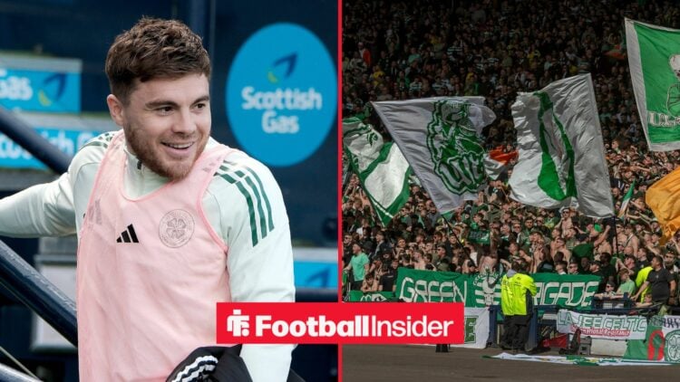 Celtic winger James Forrest smiles across a split image towards the fans, who wave flags in the stands.