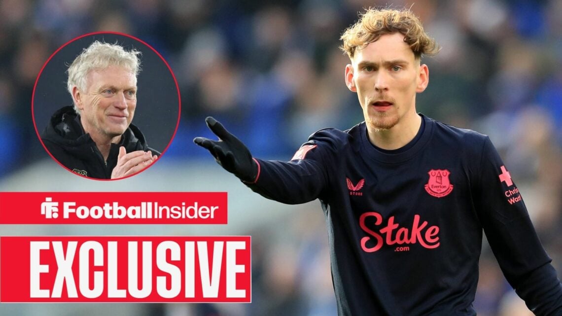 Football Insider exclusive as Everton midfielder James Garner puts his hand out towards a circular inset, which features manager David Moyes smiling.