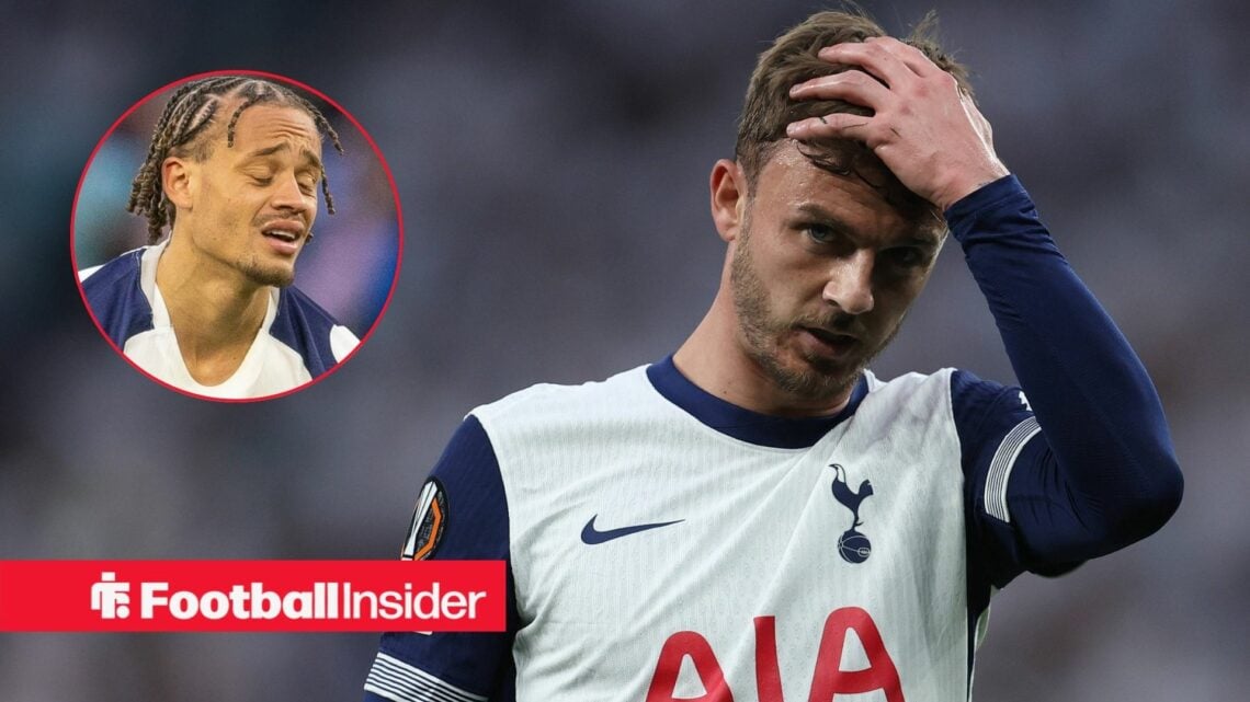 Tottenham midfielder James Maddison has his hand on his head during a game, as teammate Xavi Simons has his eyes closed in a circular inset.