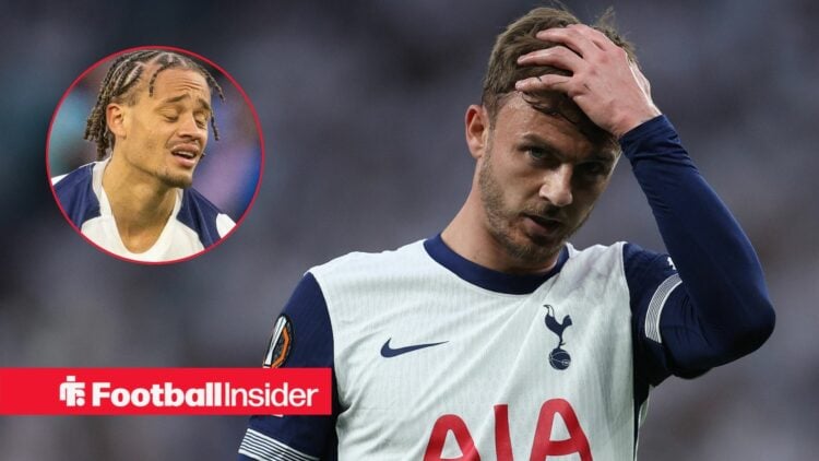 Tottenham midfielder James Maddison has his hand on his head during a game, as teammate Xavi Simons has his eyes closed in a circular inset.