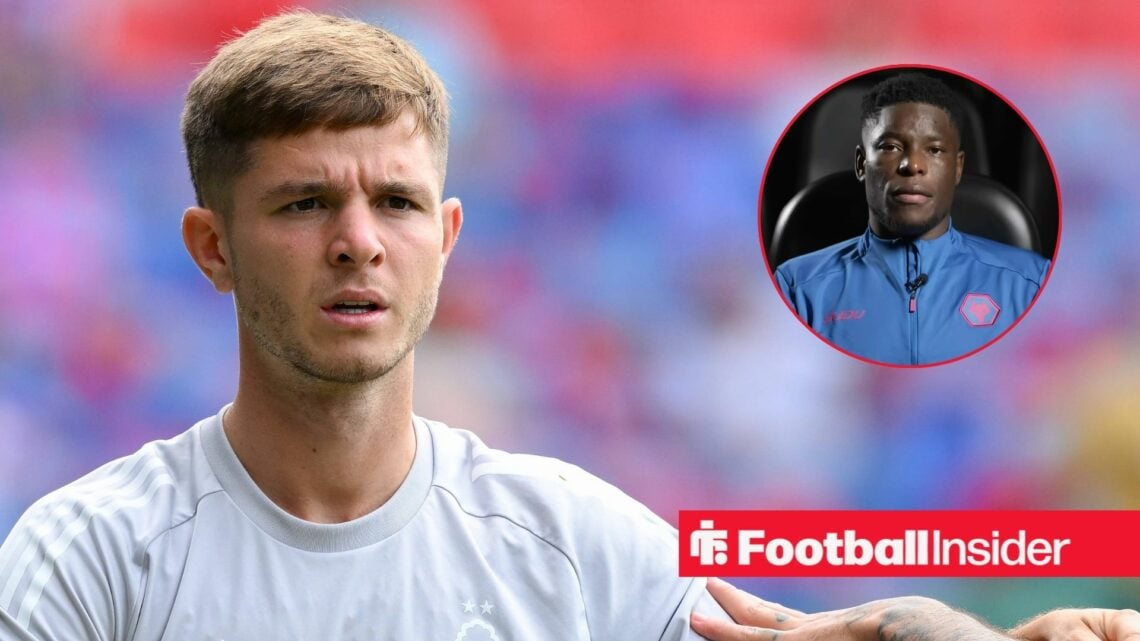 James McAtee of Nottingham Forest warms up ahead of kick-off during the Premier League match between Crystal Palace and Nottingham Forest at Selhur...