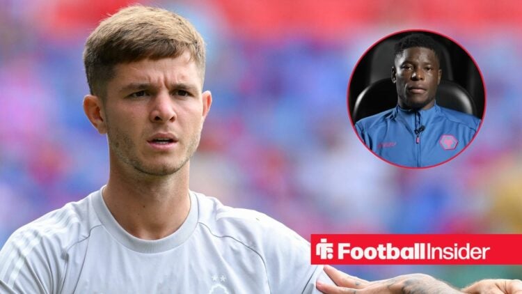 James McAtee of Nottingham Forest warms up ahead of kick-off during the Premier League match between Crystal Palace and Nottingham Forest at Selhur...