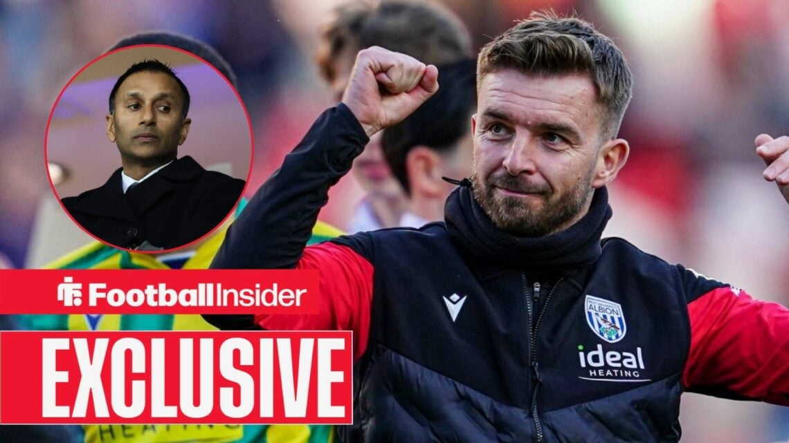 Football Insider exclusive as interim West Brom manager James Morrison punches the air after a game, while chairman Shilen Patel watches from a cir...
