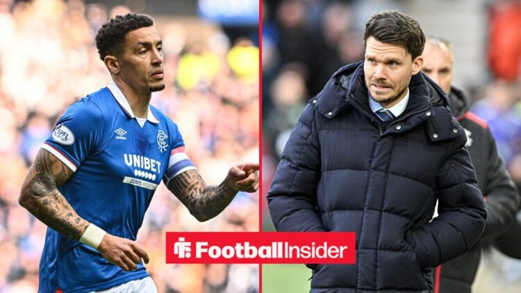 Rangers defender James Tavernier in action during a game, as manager Danny Rohl looks concerned on the other side of a split image.