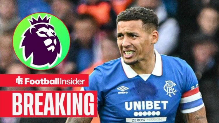 James Tavernier in action for Rangers, with the Premier League badge in a circular inset