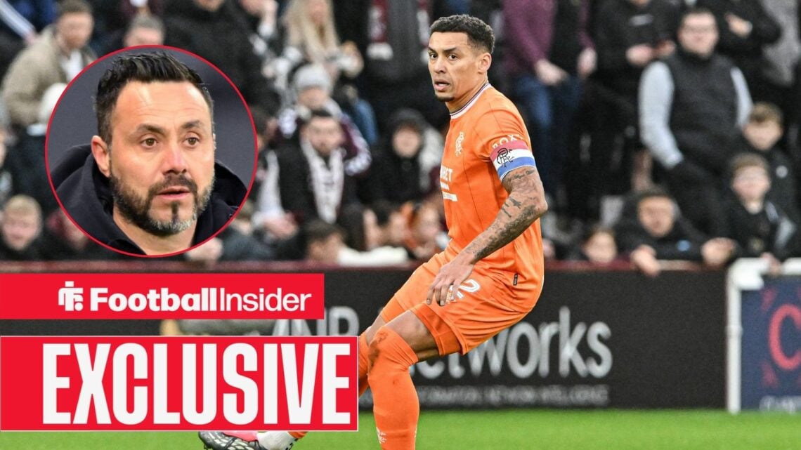 Rangers captain James Tavernier in action alongside a circular inset of Tottenham manager Roberto De Zerbi