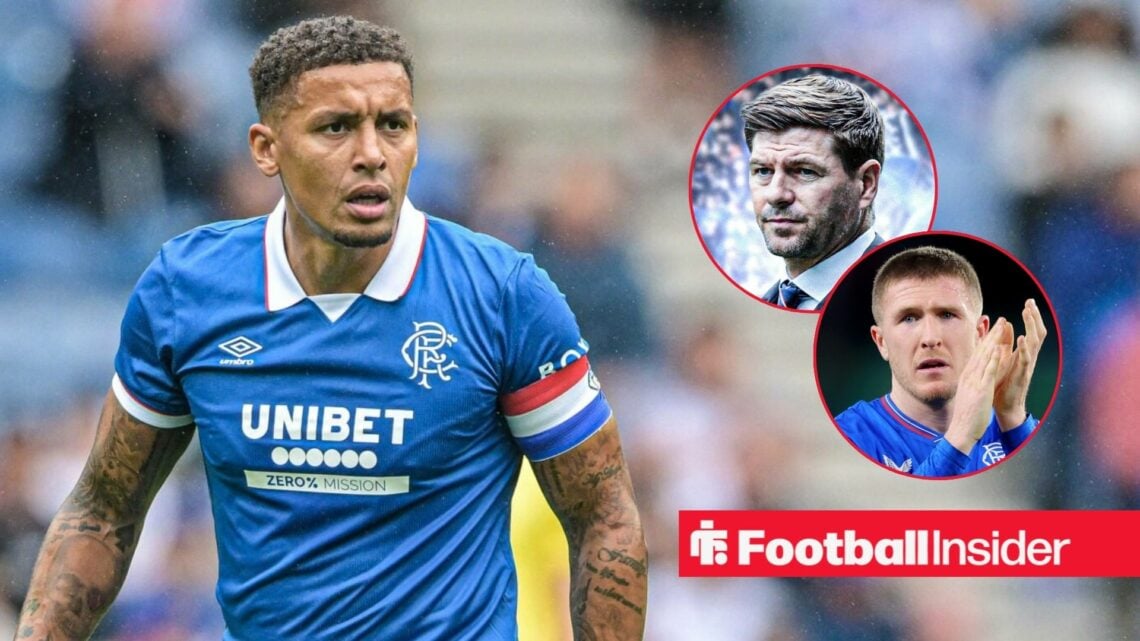 James Tavernier in action during a game for Rangers, as Steven Gerrard and John Lundstram feature in circular insets.