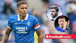 James Tavernier in action during a game for Rangers, as Steven Gerrard and John Lundstram feature in circular insets.