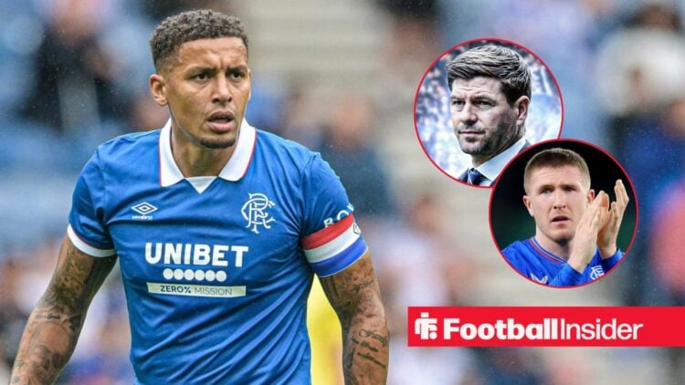 James Tavernier in action during a game for Rangers, as Steven Gerrard and John Lundstram feature in circular insets.