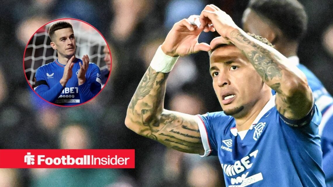James Tavernier of Rangers scores his sides first goal from the penalty spot and celebrates his goal during the UEFA Europa League match at Ibrox S...