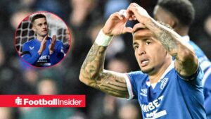 James Tavernier of Rangers scores his sides first goal from the penalty spot and celebrates his goal during the UEFA Europa League match at Ibrox Stadium / Former Rangers star Tom Lawrence applauding the fans at Ibrox
